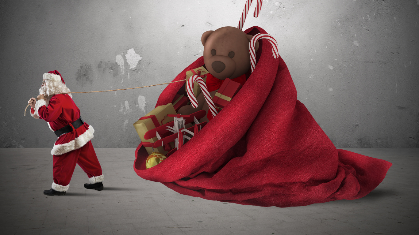 Обои Дед Мороз, Санта-Клаус, подарок, Рождественский день, красный цвет в разрешении 1366x768
