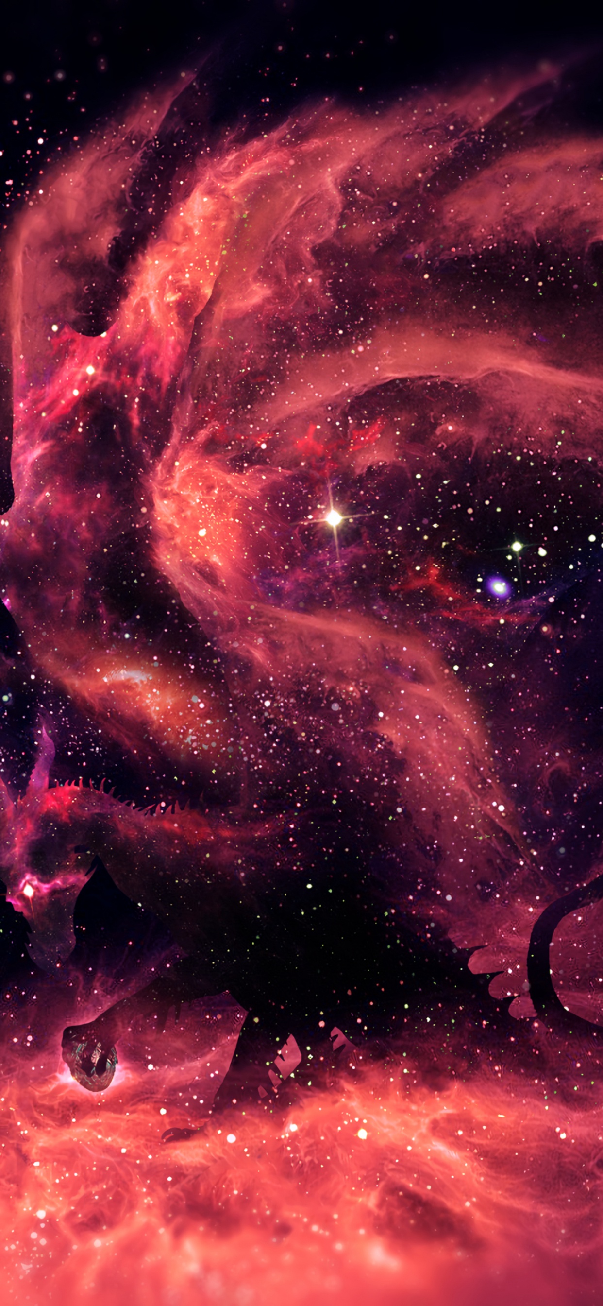 Обои дракон, фэнтези, туманность, космическое пространство, астрономический объект в разрешении 1242x2688