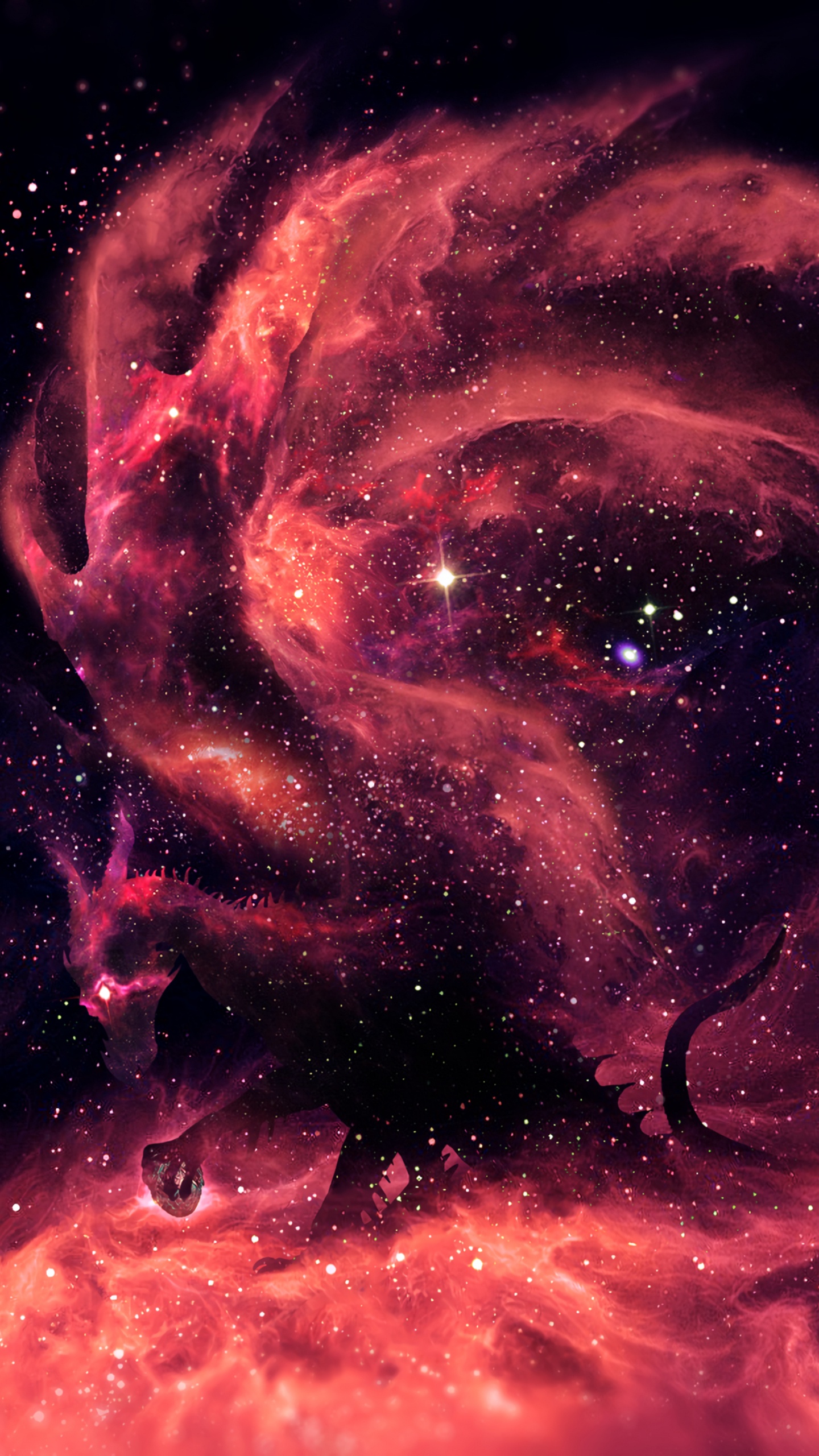 Обои дракон, фэнтези, туманность, космическое пространство, астрономический объект в разрешении 1440x2560