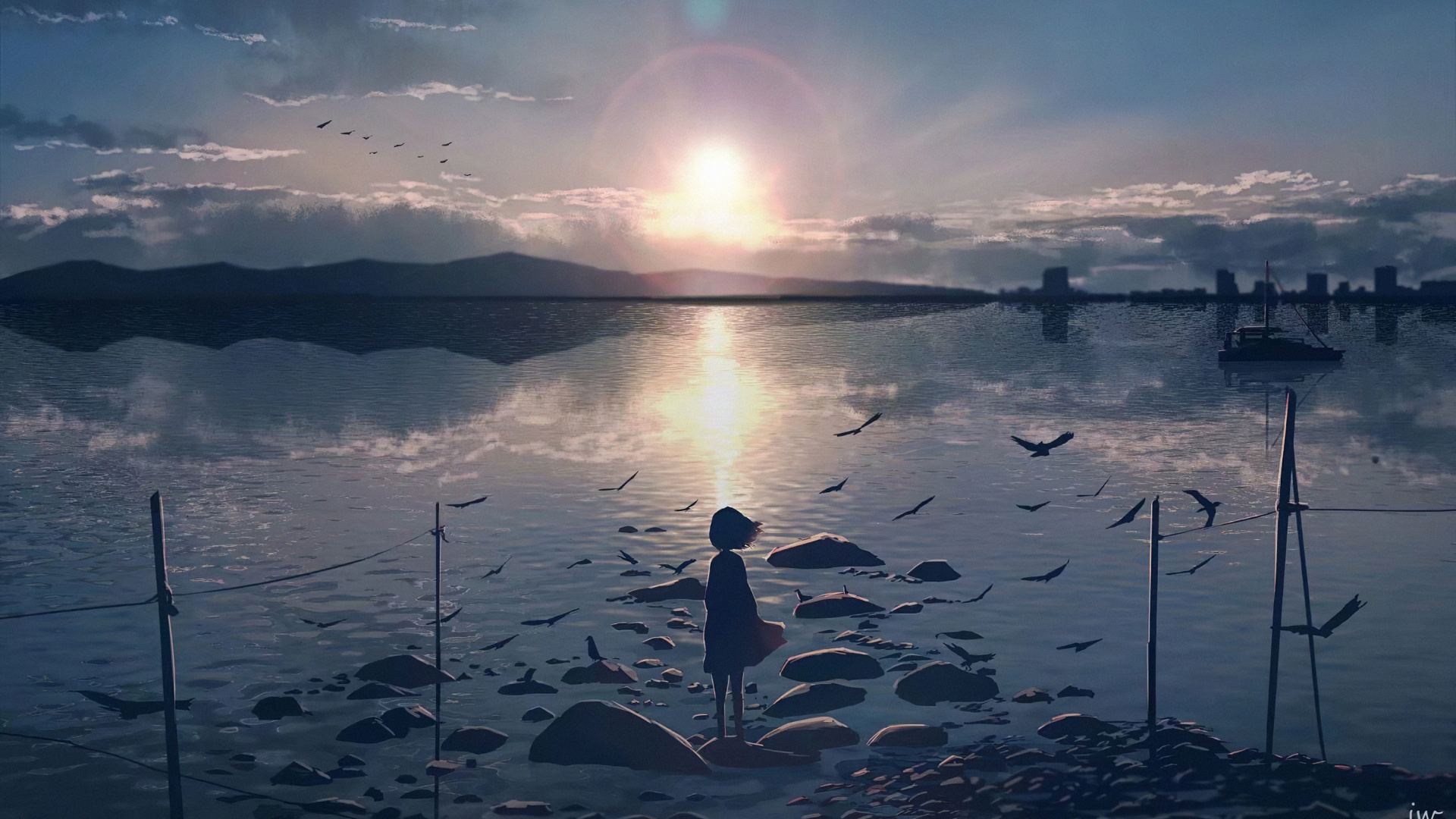 Обои одинокое аниме, аниме, цифровое искусство, вода, облако в разрешении 1920x1080