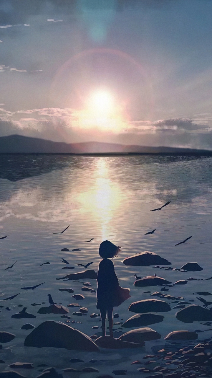 Обои одинокое аниме, аниме, цифровое искусство, вода, облако в разрешении 720x1280