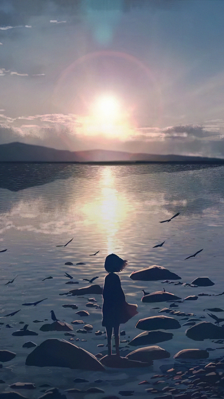 Обои одинокое аниме, аниме, цифровое искусство, вода, облако в разрешении 750x1334