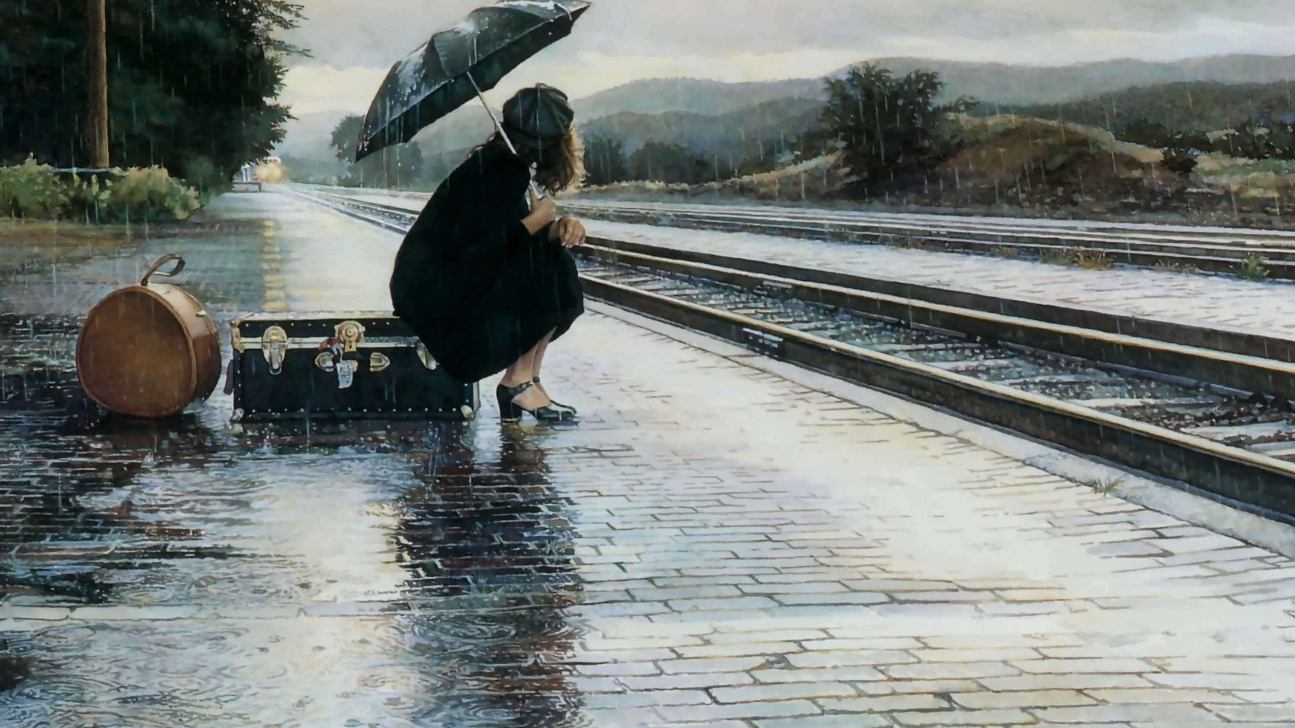 Обои живопись, арт, акварельные краски, железнодорожный вокзал, визуальное искусство в разрешении 2560x1440