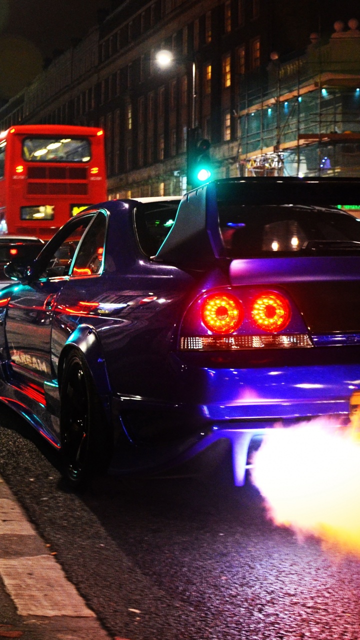 Обои Ниссан скайлайн гтр р33, Ниссан, авто, ночь, городской район в разрешении 720x1280