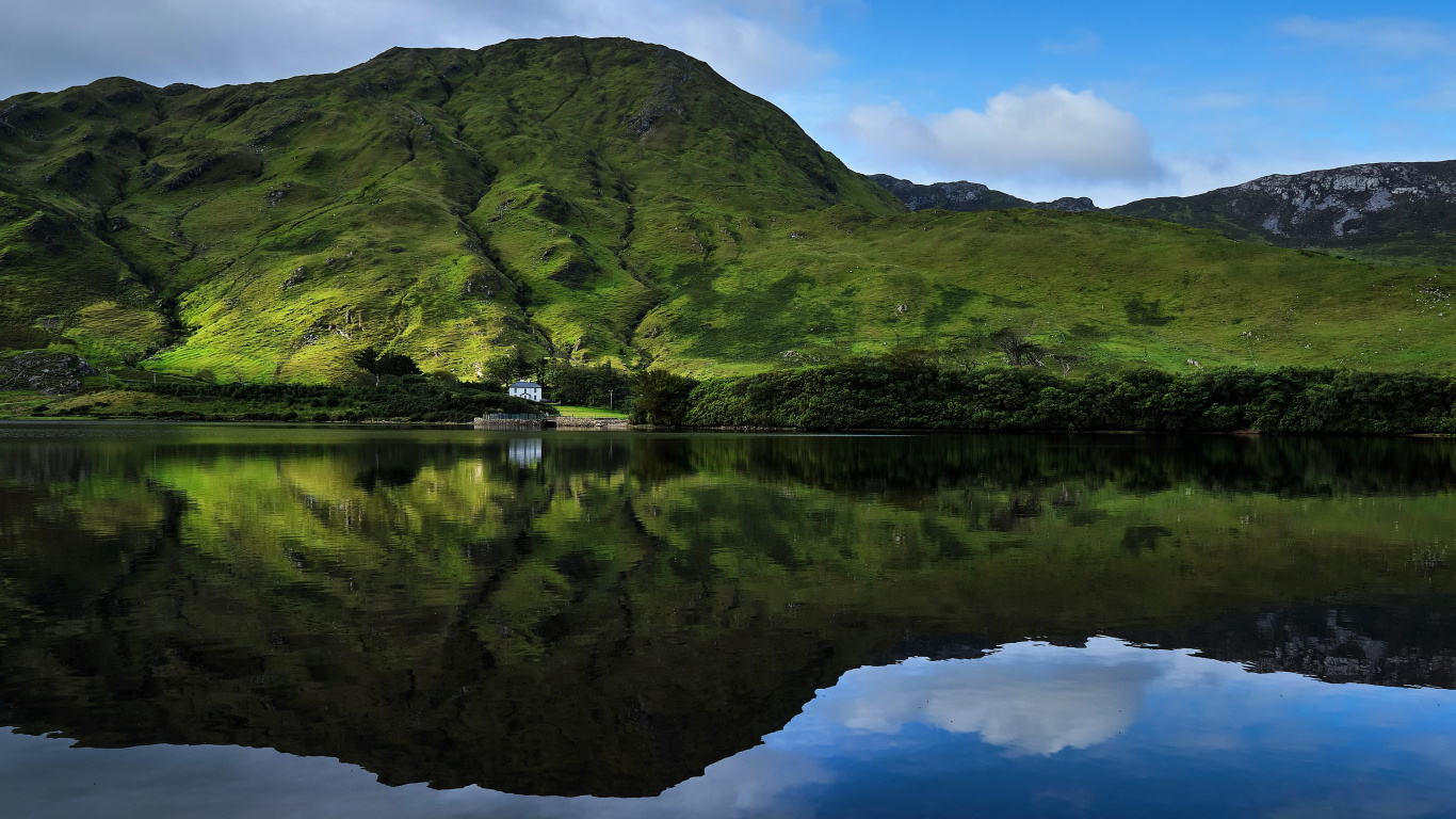 Обои отражение, дерево, вода, облако, гора в разрешении 1366x768