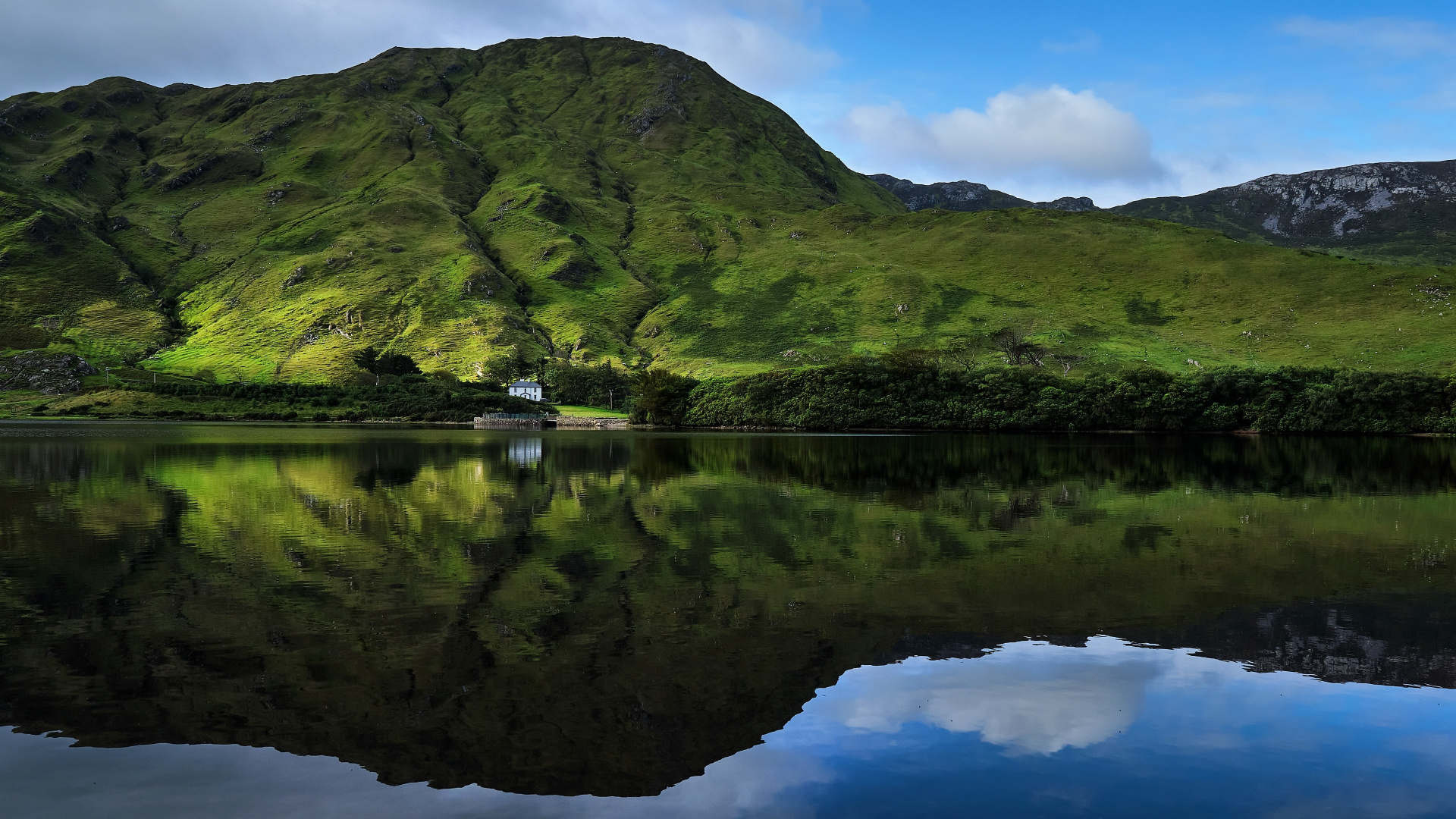 Обои отражение, дерево, вода, облако, гора в разрешении 1920x1080