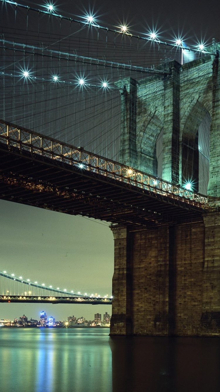 Обои Бруклинский мост, мост, ночь, ориентир, вода в разрешении 750x1334