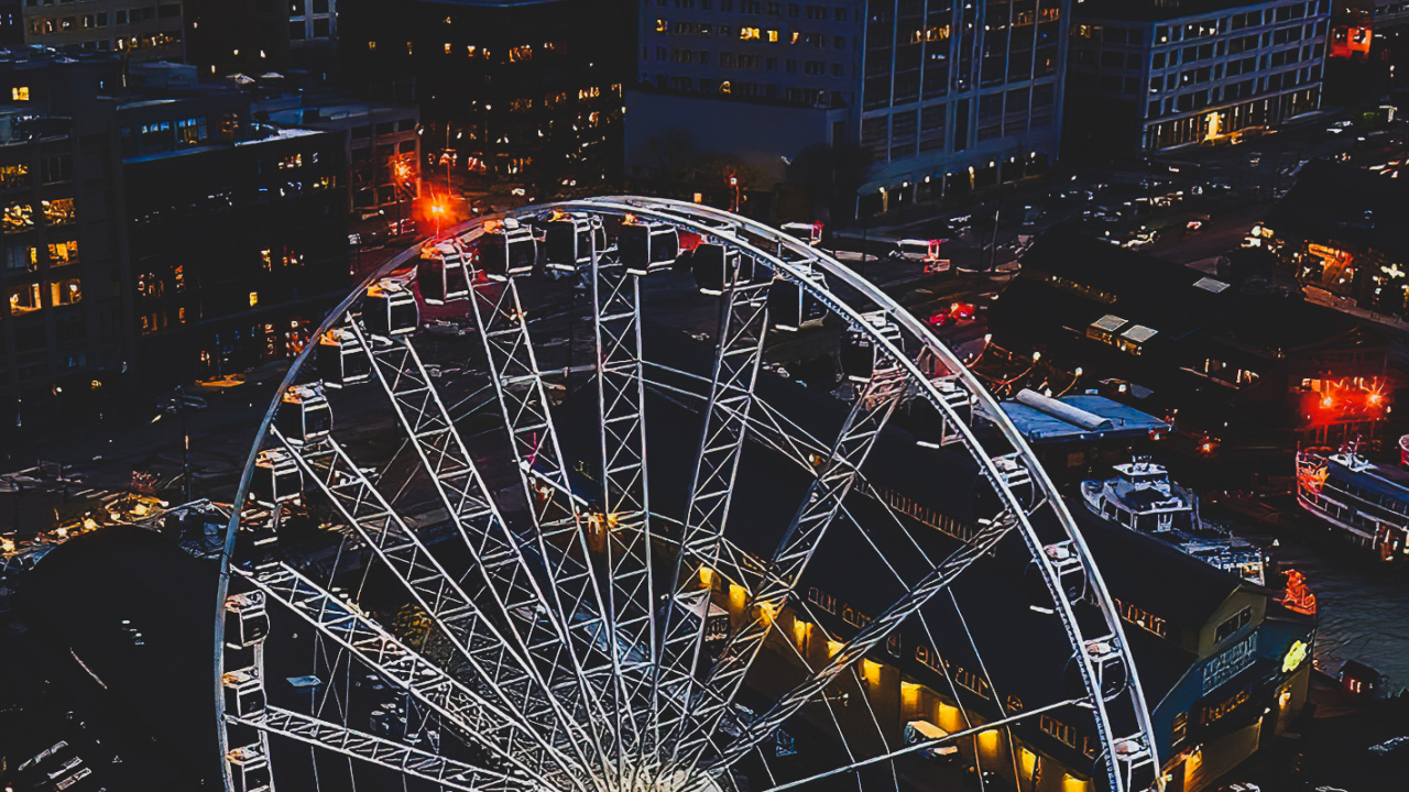 Обои Сиэтл, колесо, дневное время, здание, небоскреб в разрешении 1280x720