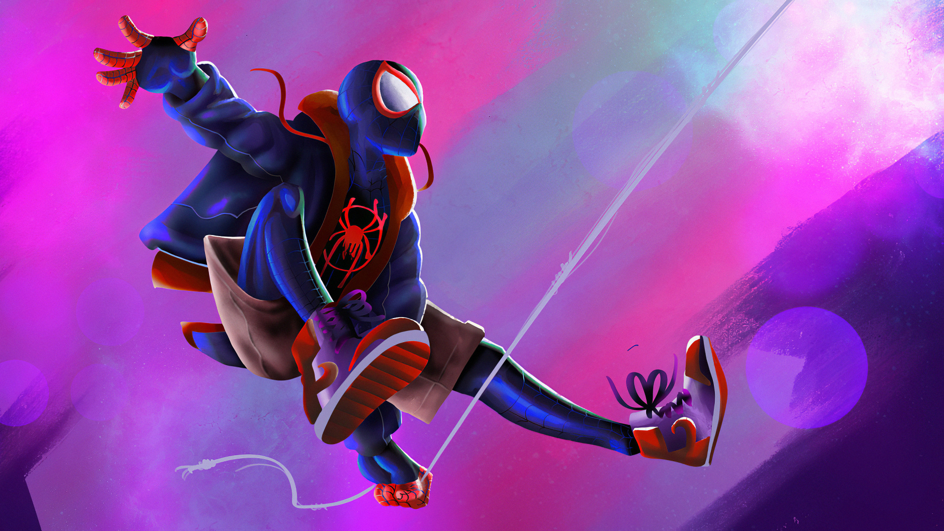 Обои Майлз Моралес, пурпурный цвет, супергерой, арт, мультфильм в разрешении 1920x1080