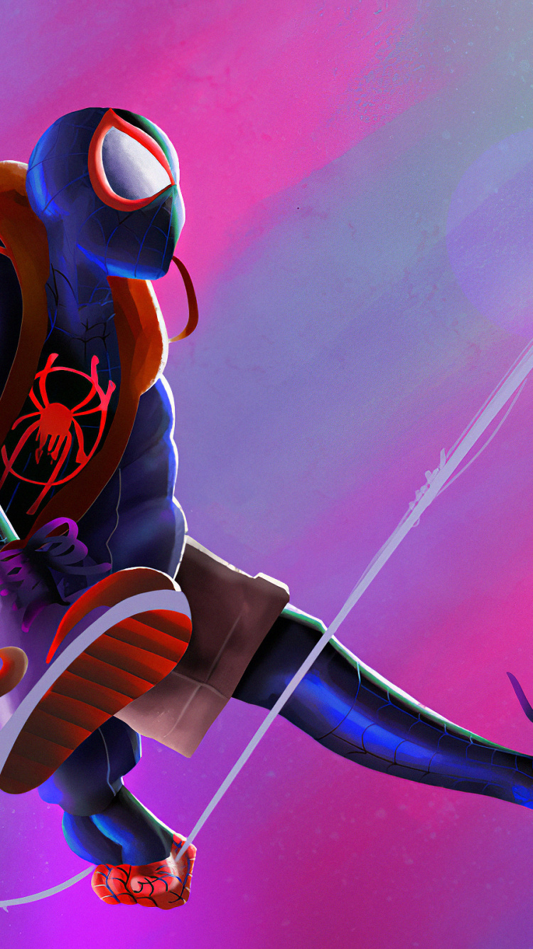 Обои Майлз Моралес, пурпурный цвет, супергерой, арт, мультфильм в разрешении 750x1334