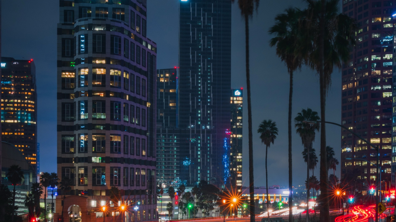 Обои эффект глубины, небоскреб, здание, уличный фонарь, свет в разрешении 1366x768