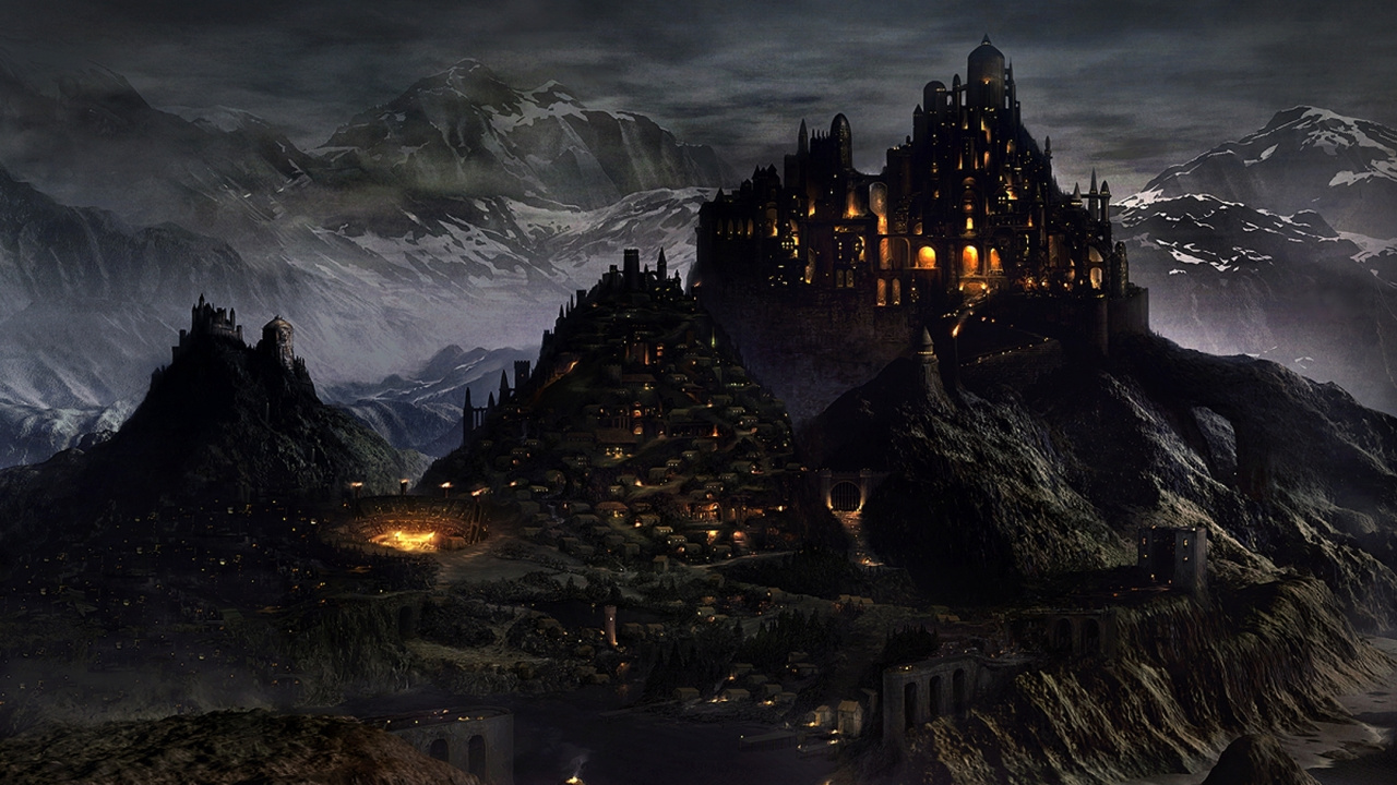 Обои средневековый город, средневековье, город, темнота, гора в разрешении 1280x720