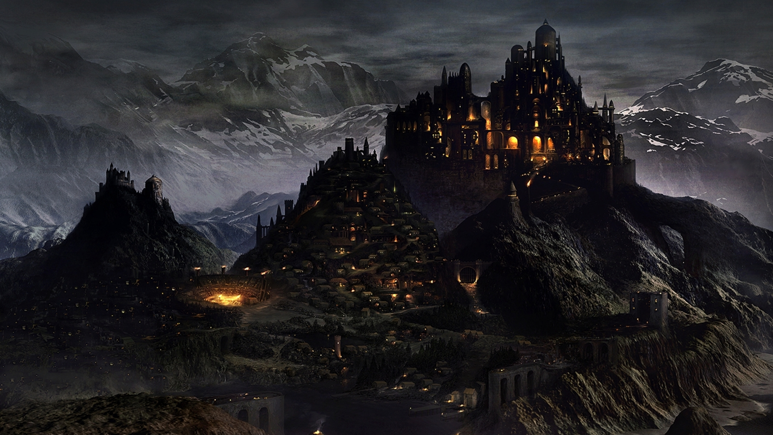 Обои средневековый город, средневековье, город, темнота, гора в разрешении 2560x1440
