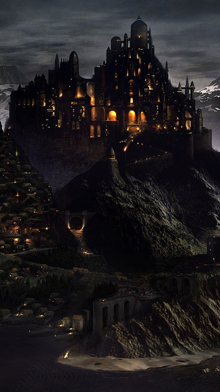 Обои средневековый город, средневековье, город, темнота, гора в разрешении 750x1334