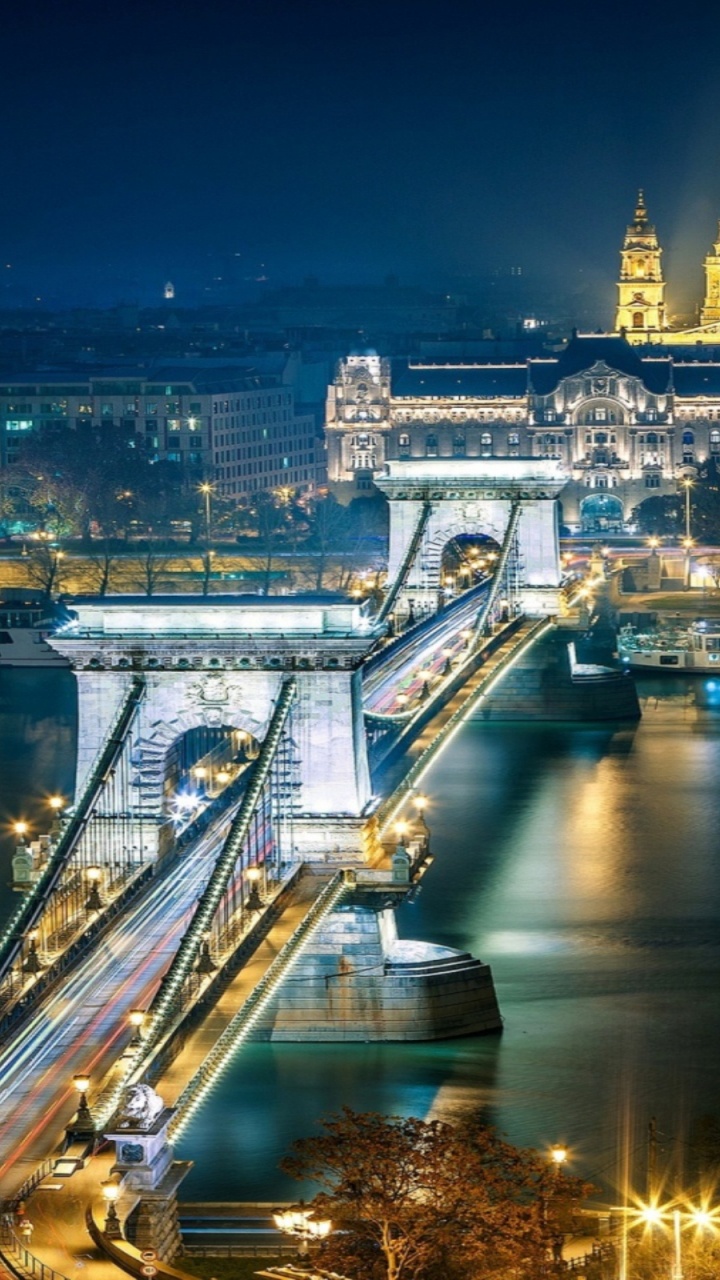 Обои цепной мост, городской пейзаж, ночь, город, ориентир в разрешении 720x1280