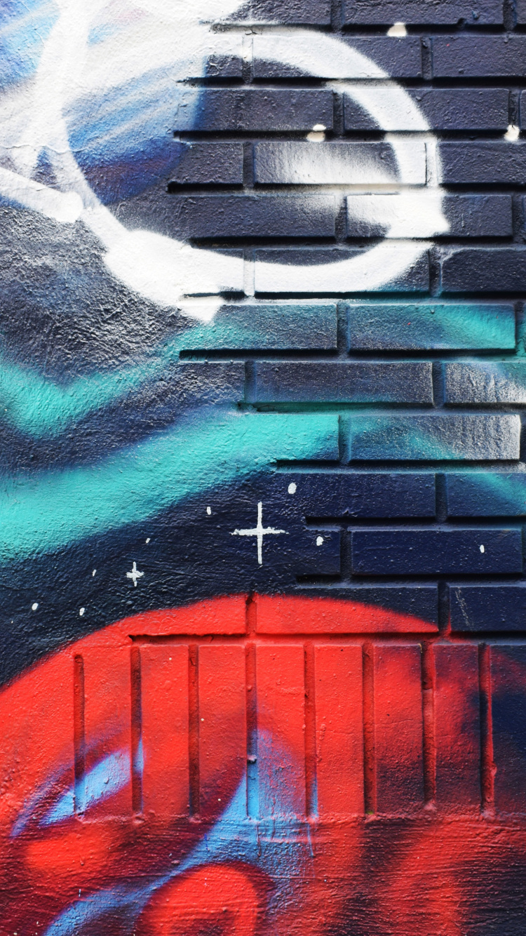 Обои живопись, граффити, стена, синий, уличное искусство в разрешении 750x1334