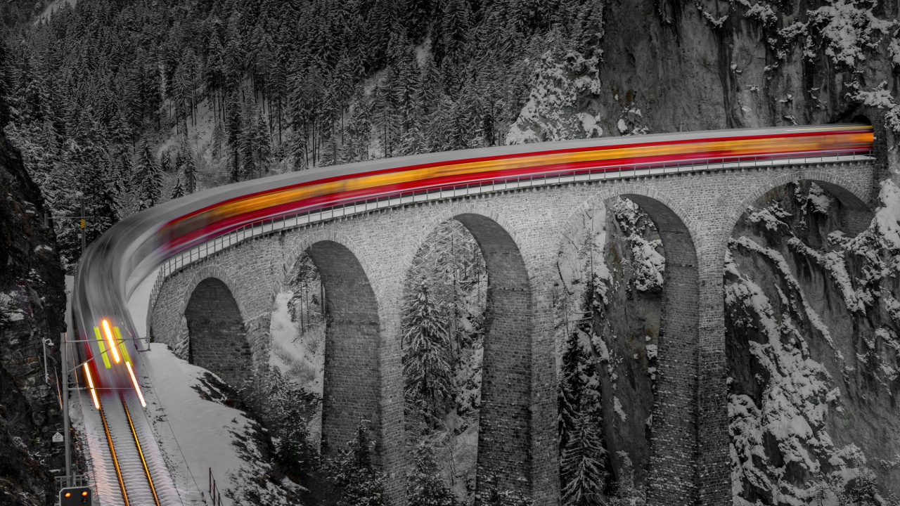 Обои Виадук Ландвассер, поезд, железнодорожный транспорт, виадук, черный в разрешении 1280x720