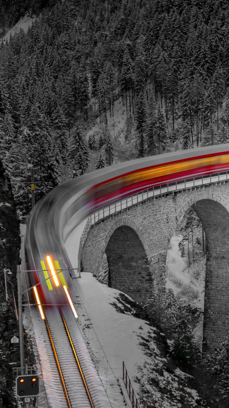 Обои Виадук Ландвассер, поезд, железнодорожный транспорт, виадук, черный в разрешении 750x1334