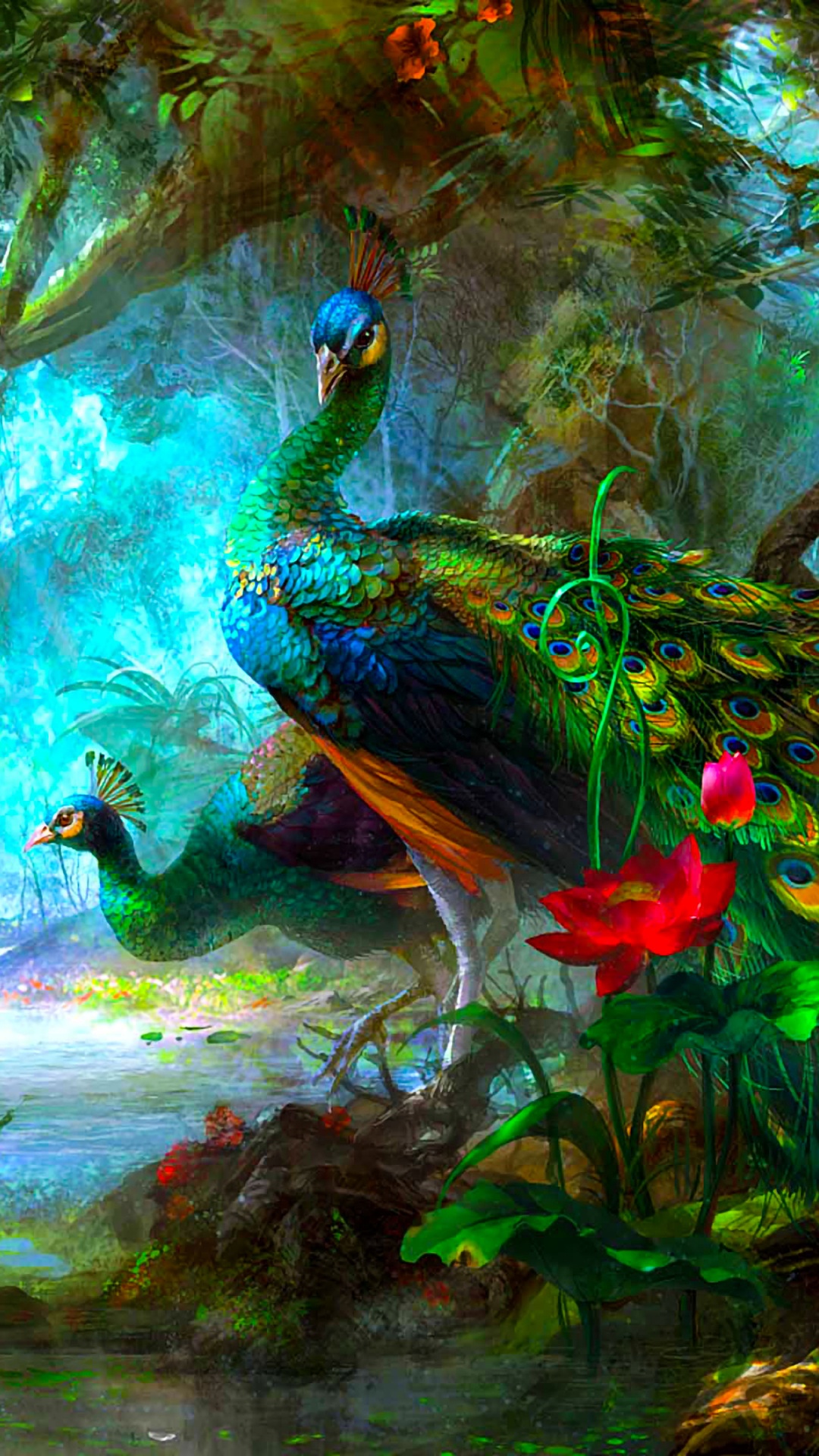 Обои живопись, павлин, арт, природа, растительность в разрешении 1080x1920