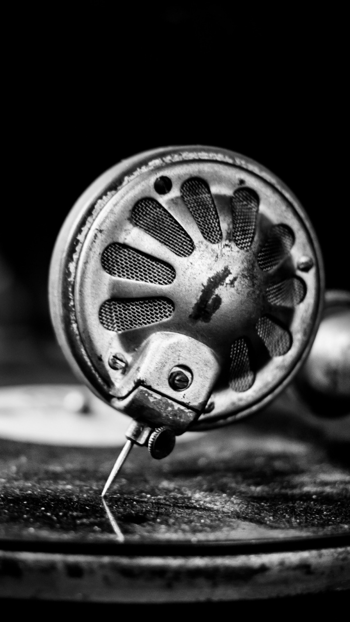 Обои фонограф, граммофонная пластинка, колесо, монохромный, черный и белый в разрешении 720x1280