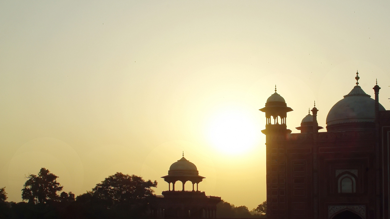 Обои Тадж-Махал, памятник, утро, закат, восход солнца в разрешении 1280x720