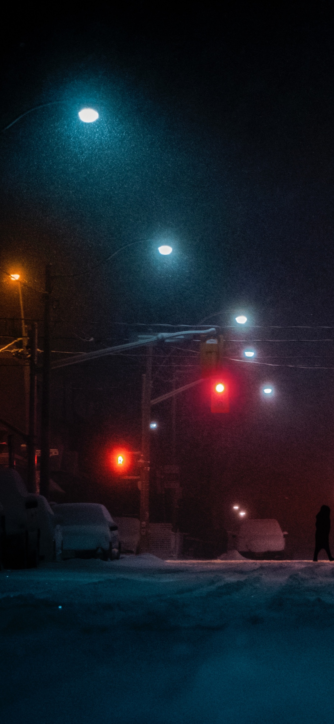 Обои улица, ночь, снег, уличный фонарь, освещение в разрешении 1125x2436