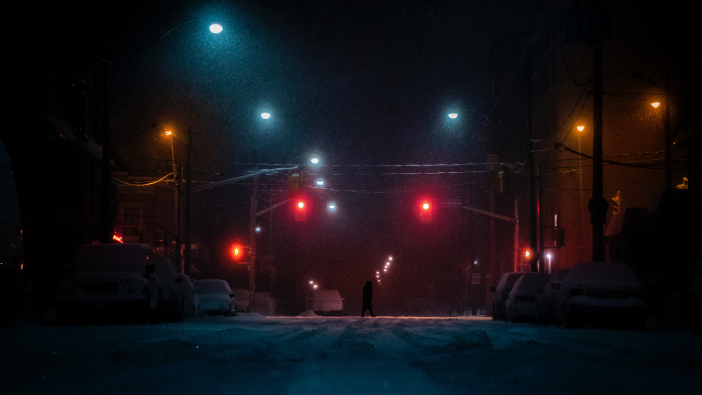 Обои улица, ночь, снег, уличный фонарь, освещение в разрешении 1366x768