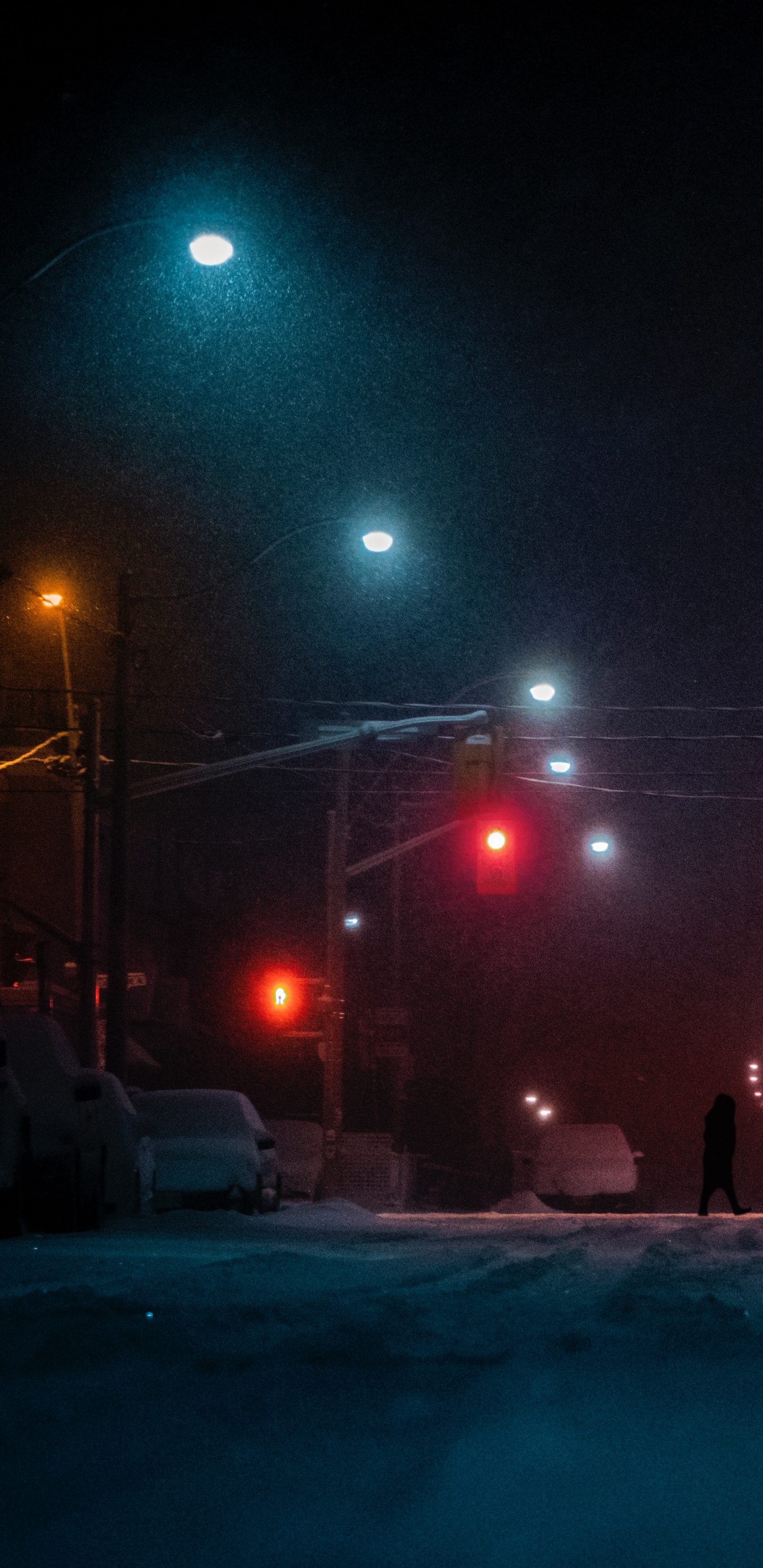 Обои улица, ночь, снег, уличный фонарь, освещение в разрешении 1440x2960