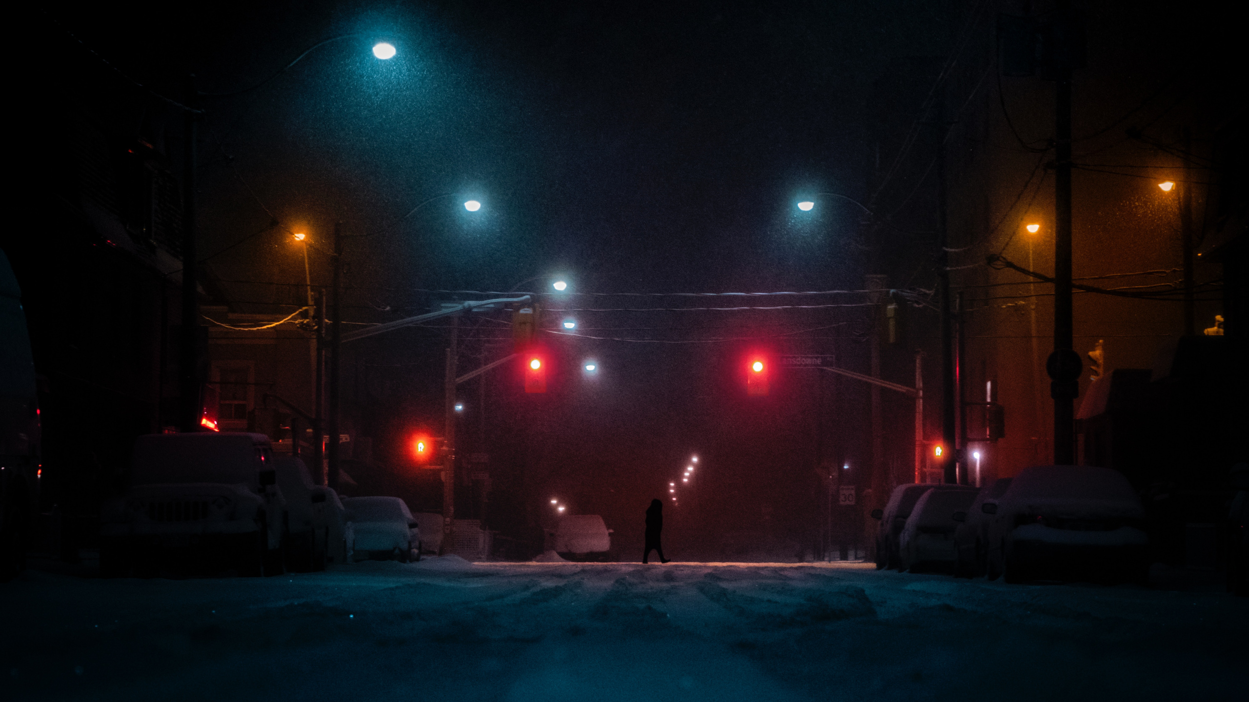 Обои улица, ночь, снег, уличный фонарь, освещение в разрешении 2560x1440