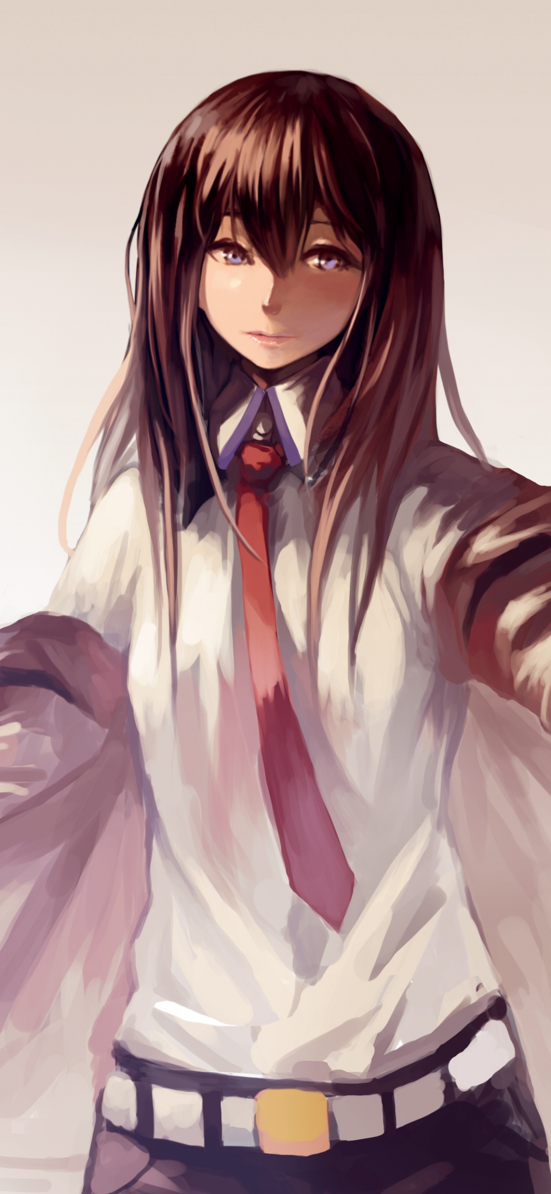 Обои длинные волосы, окабе rintarou, прическа, иллюстрация, каштановые волосы в разрешении 1125x2436