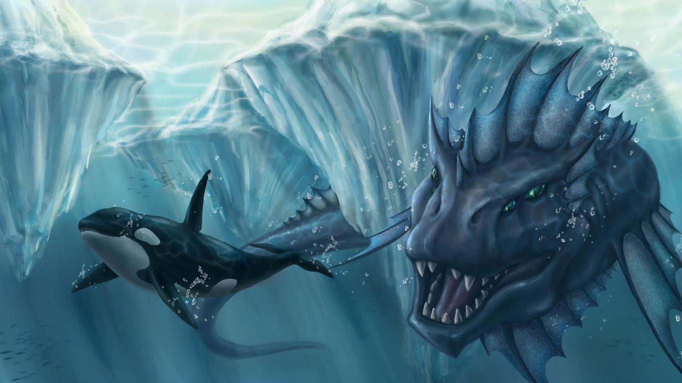 Обои дракон, морское чудовище, монстр, вода, морская биология в разрешении 1366x768