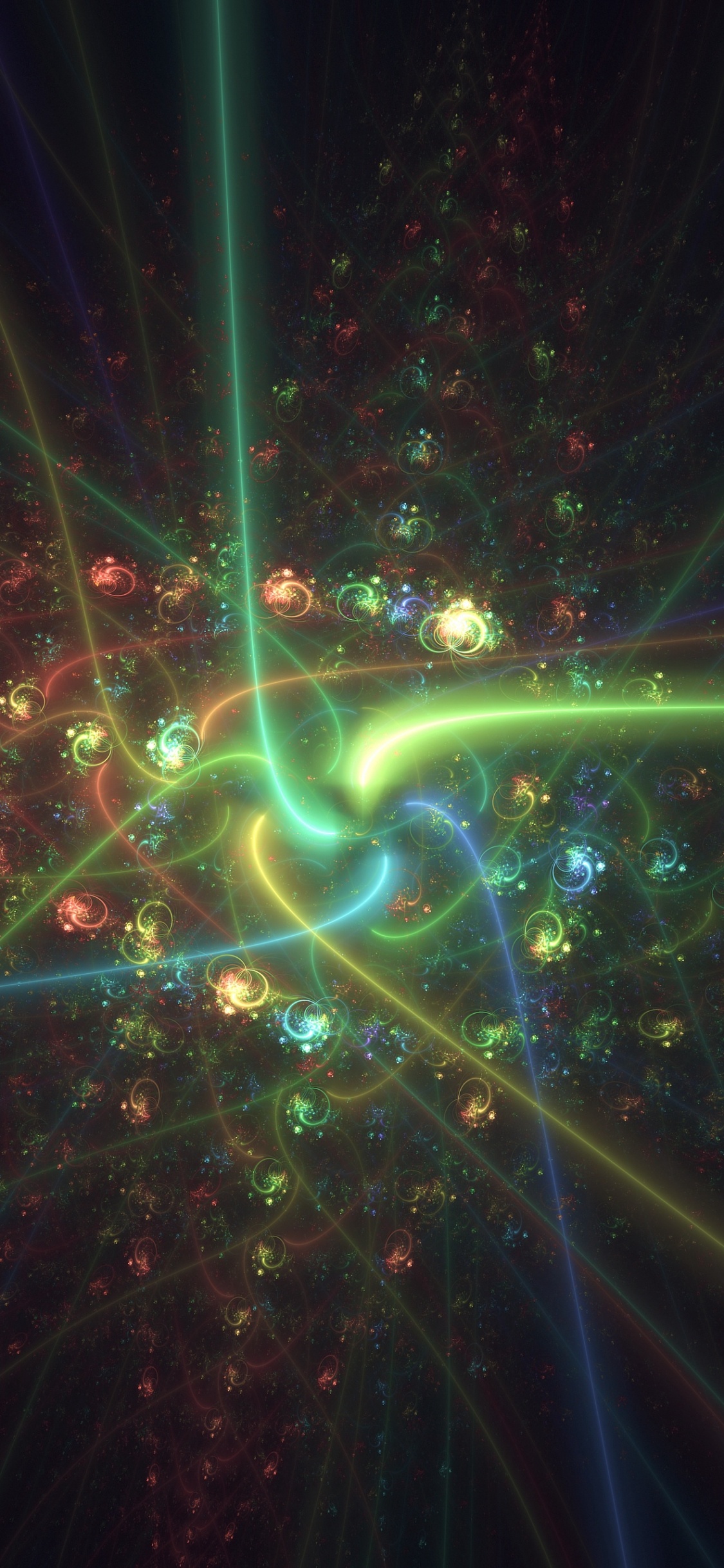 Обои фрактал, фрактальное искусство, зеленый, свет, космос в разрешении 1125x2436