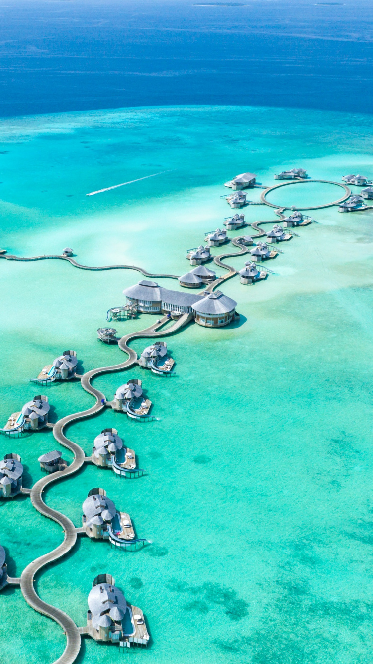 Обои водное бунгало антенна, Мальдивы, вилла, бунгало, море в разрешении 750x1334