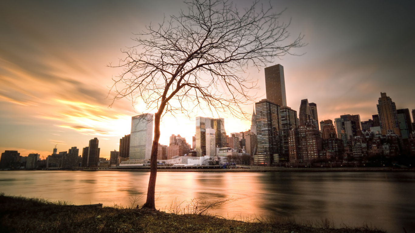 Обои отражение, небоскреб, город, городской пейзаж, линия горизонта в разрешении 1366x768