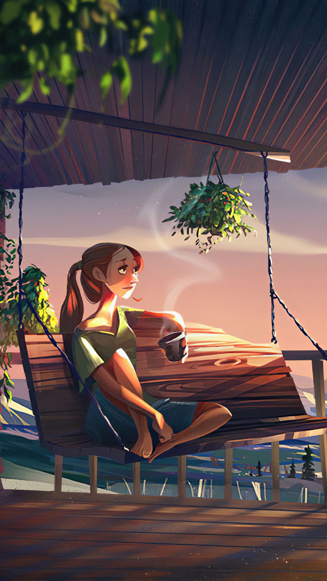 Обои девушка пьет кофе, кофе, артист, цифровое искусство, арт в разрешении 1080x1920