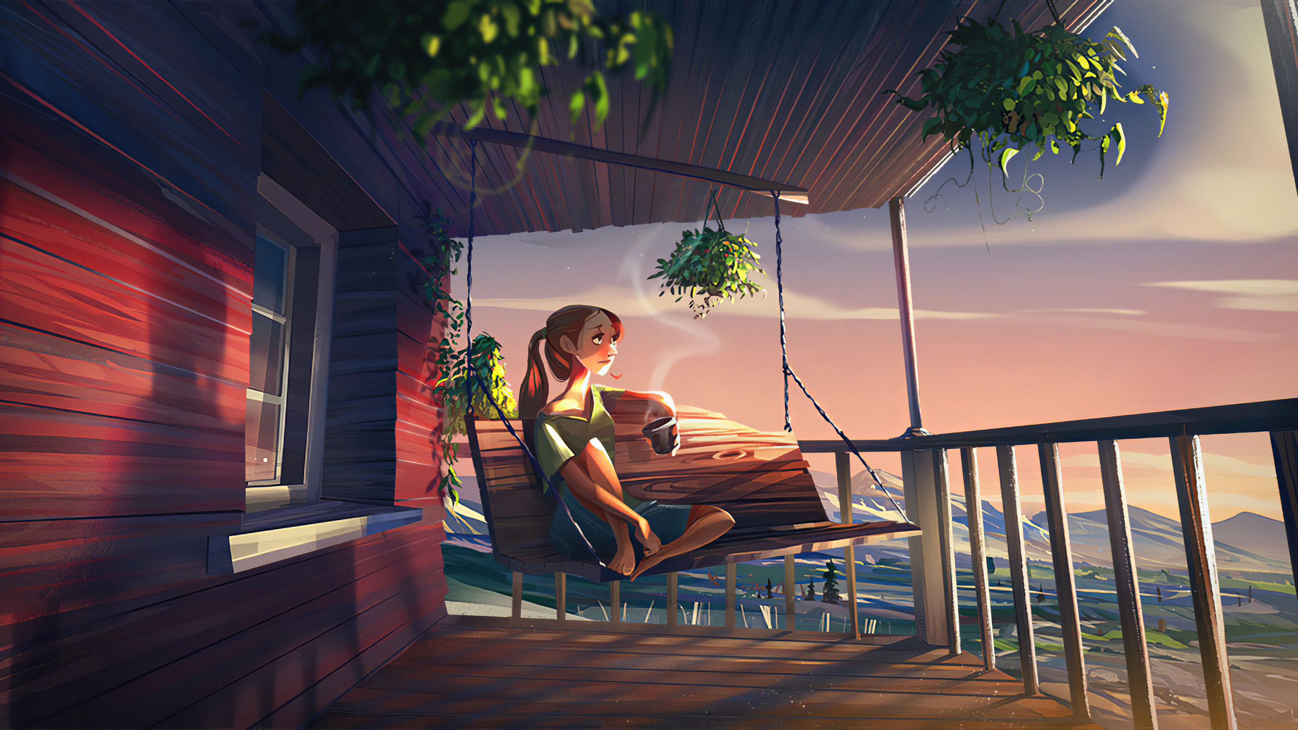 Обои девушка пьет кофе, кофе, артист, цифровое искусство, арт в разрешении 2560x1440