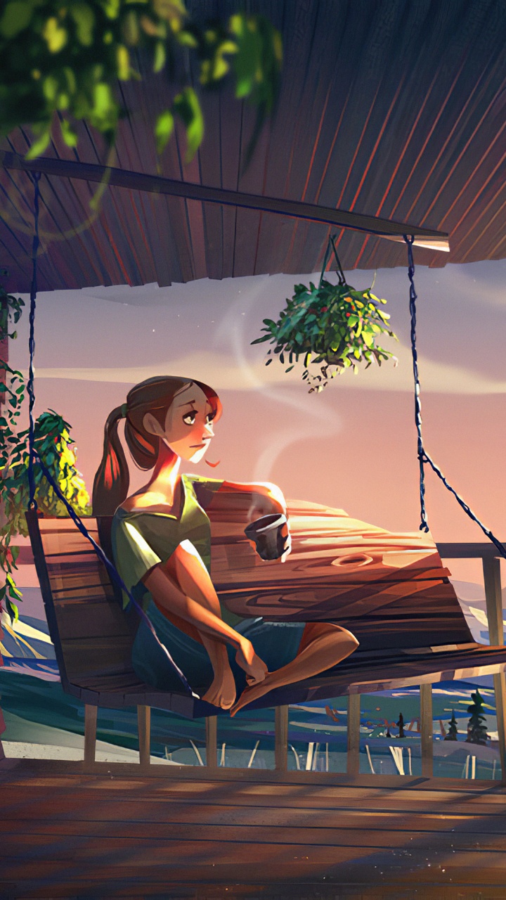 Обои девушка пьет кофе, кофе, артист, цифровое искусство, арт в разрешении 720x1280