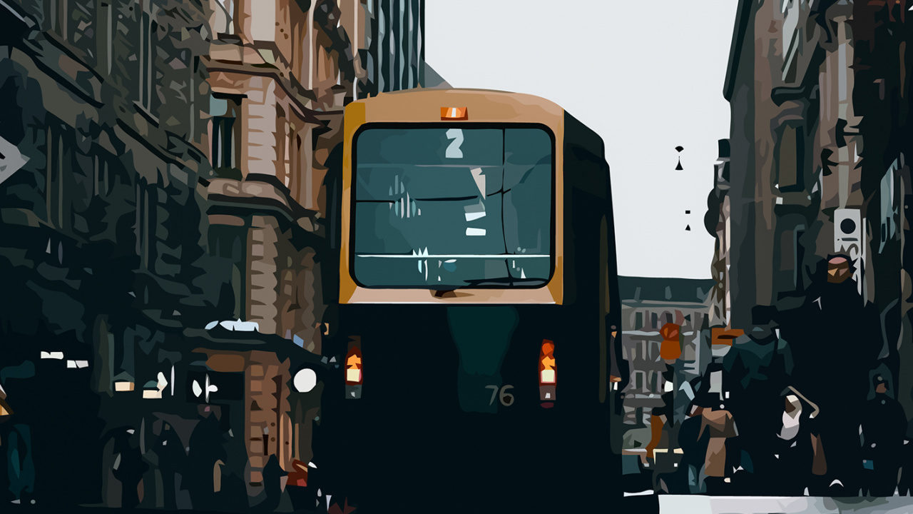 Обои городской район, здание, автобус, окно, автомобильное освещение в разрешении 1280x720