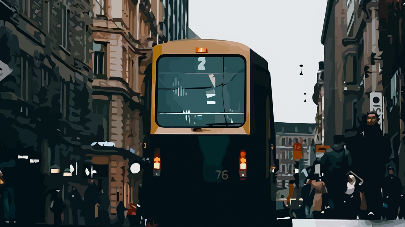 Обои городской район, здание, автобус, окно, автомобильное освещение в разрешении 1366x768