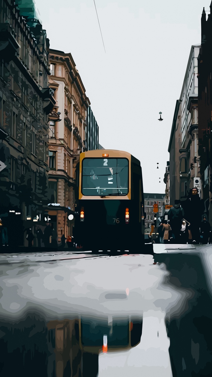 Обои городской район, здание, автобус, окно, автомобильное освещение в разрешении 720x1280