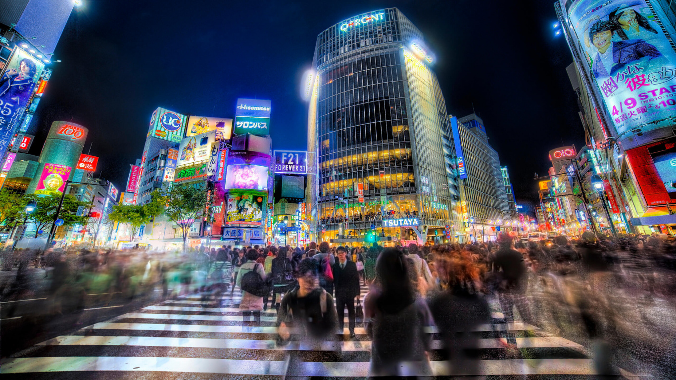 Обои Перекресток Сибуя, метрополия, город, городской район, ночь в разрешении 1366x768