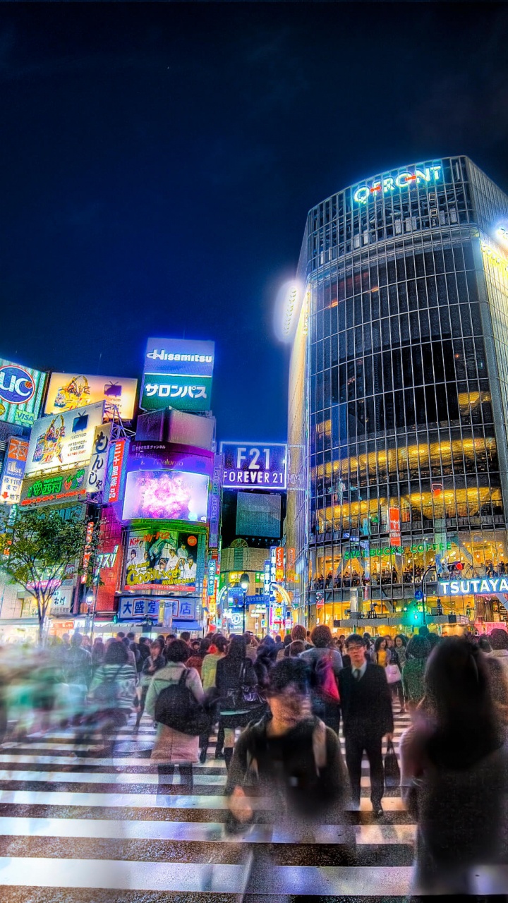 Обои Перекресток Сибуя, метрополия, город, городской район, ночь в разрешении 720x1280