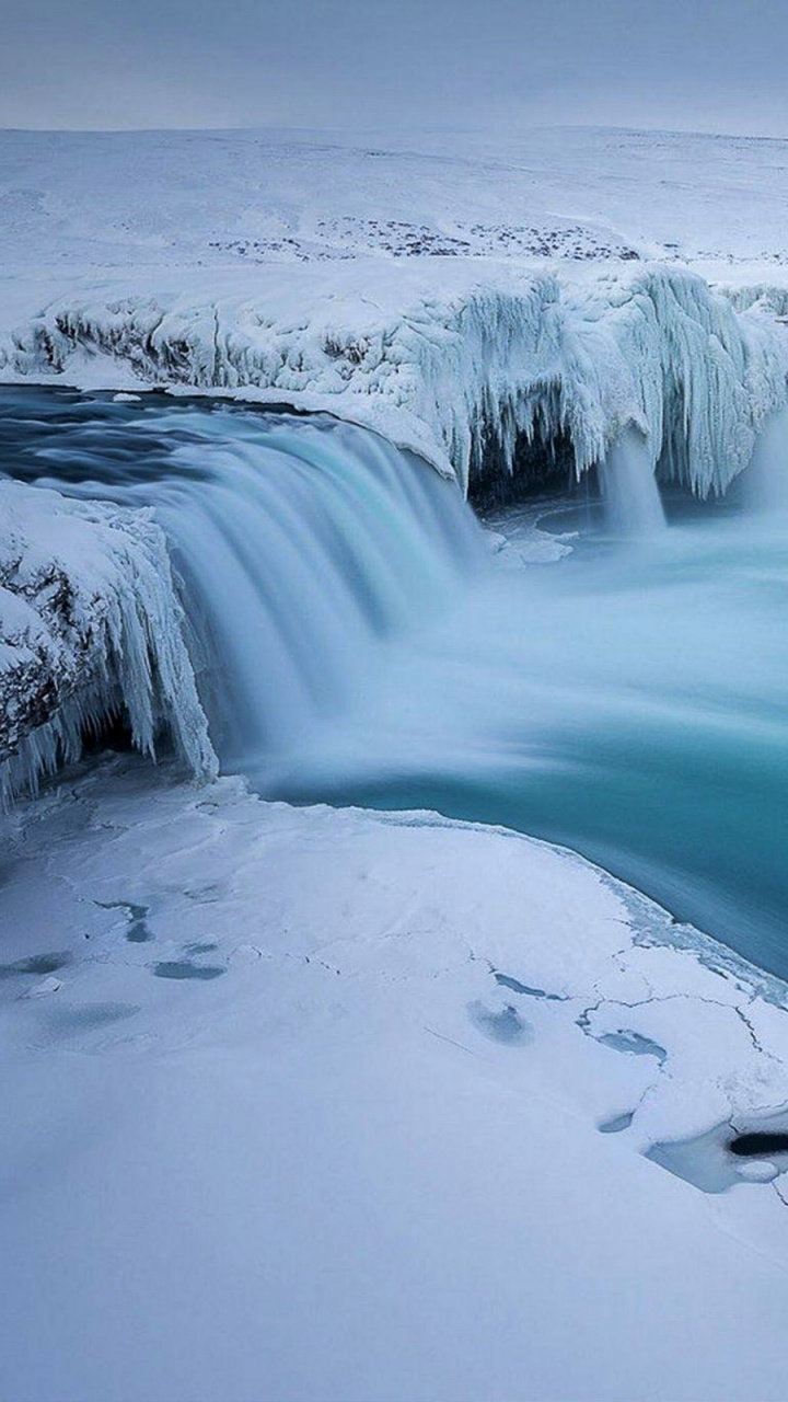 Обои Skjlfandafljt, водопад, зима, природа, вода в разрешении 720x1280