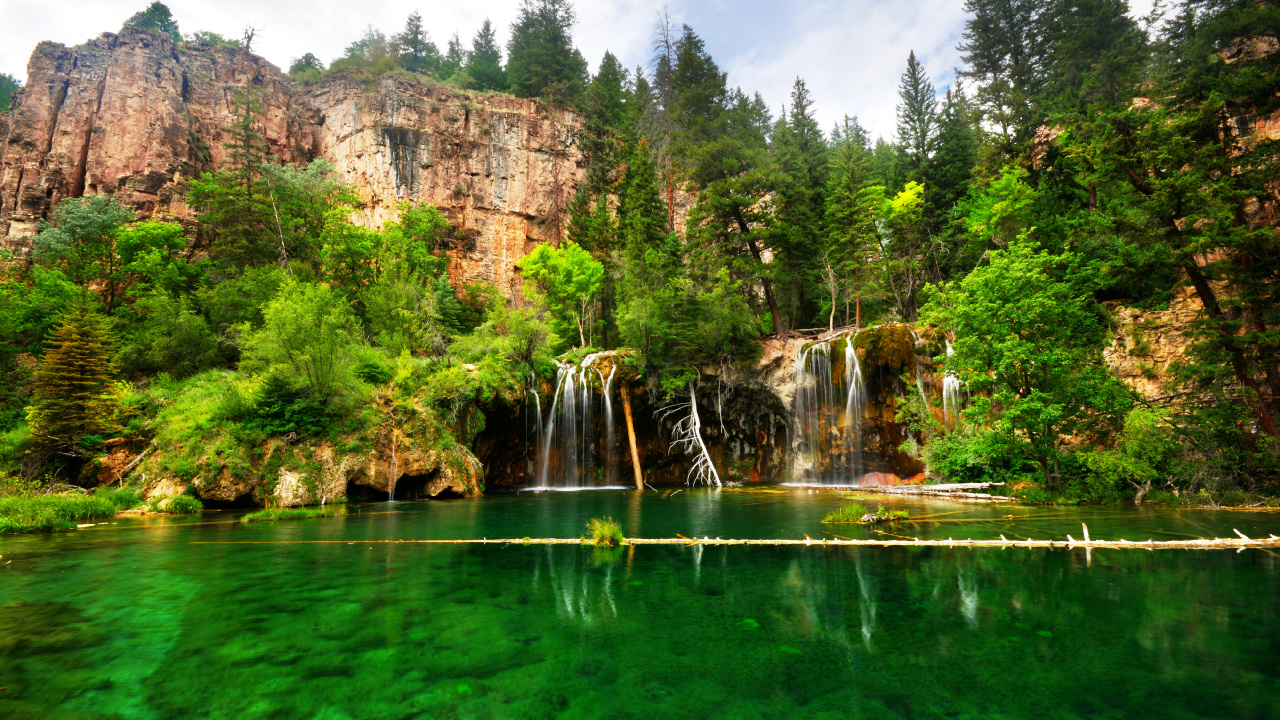 Обои Висячие Озера, озеро, водопад, водоем, природный ландшафт в разрешении 1280x720