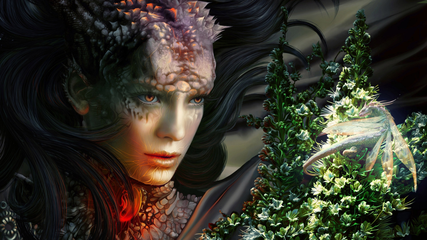 Обои дракон, спецэффекты, девушка, специальные эффекты, cg работы в разрешении 1366x768