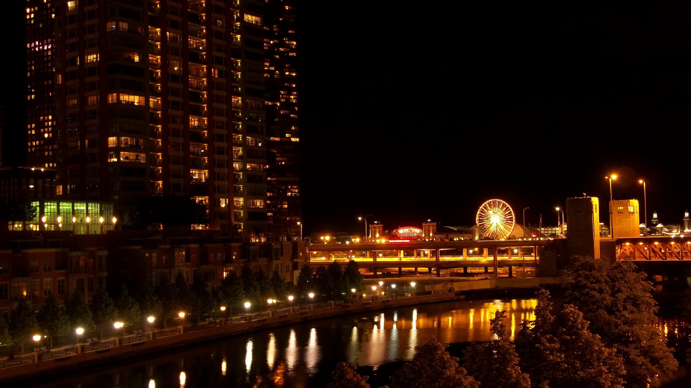 Обои отражение, городской пейзаж, горизонт, линия горизонта, ночь в разрешении 1366x768