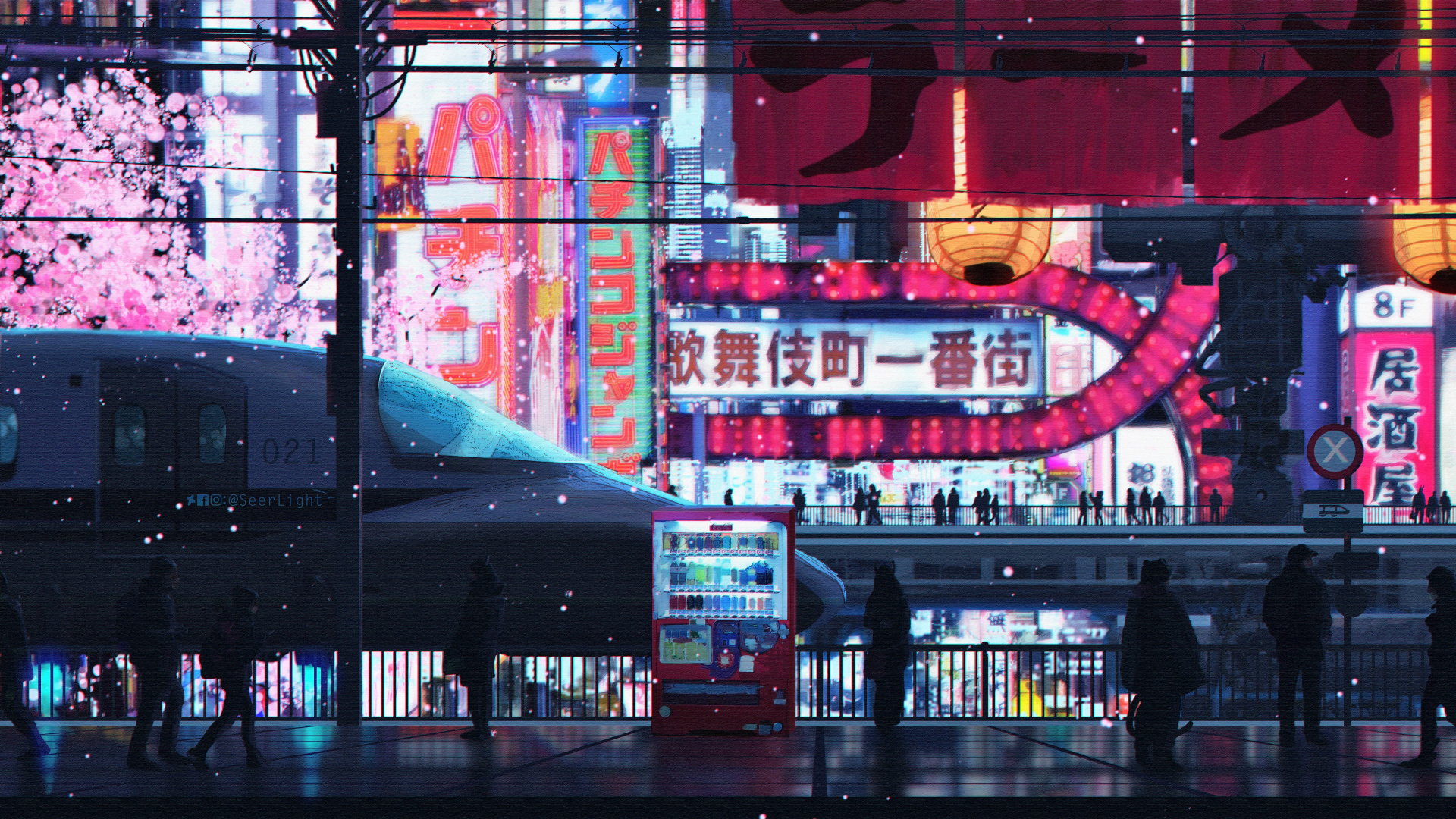 Обои Киберпанк, арт, розовый, электронные табло, архитектура в разрешении 1920x1080