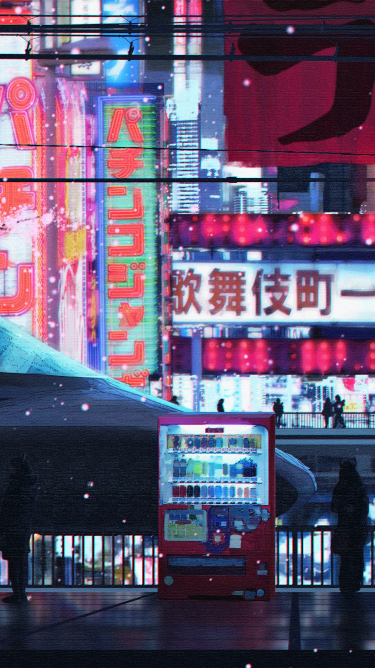 Обои Киберпанк, арт, розовый, электронные табло, архитектура в разрешении 750x1334