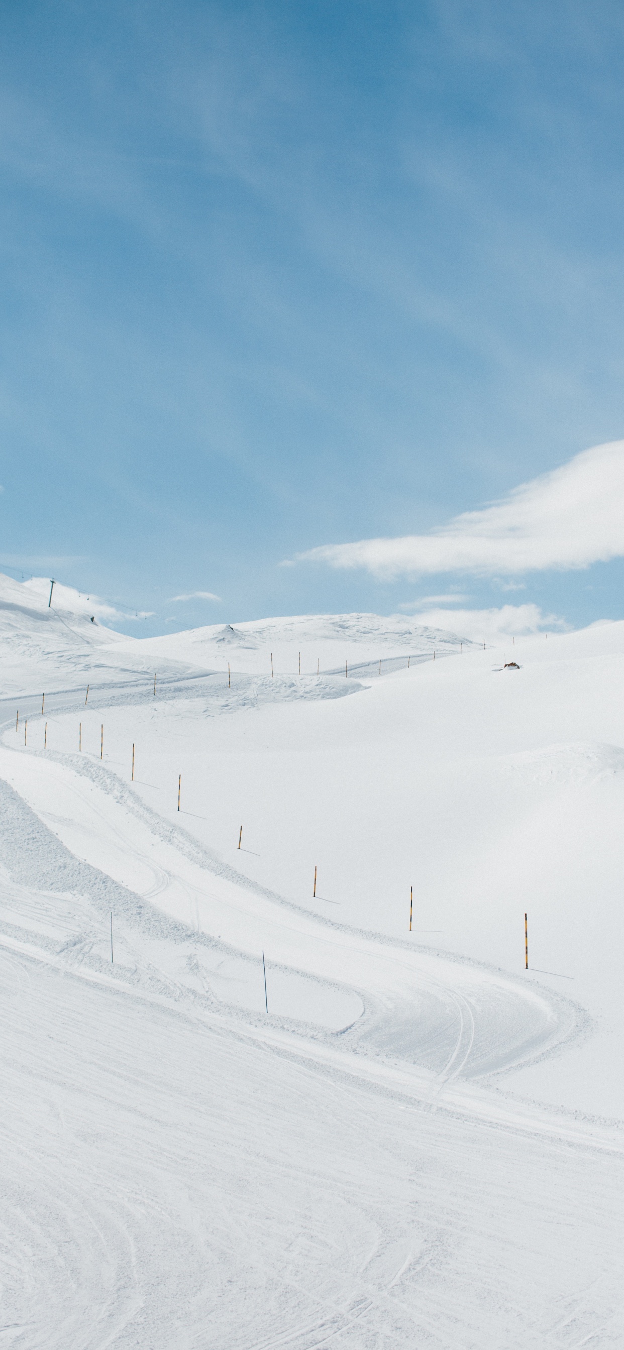 Обои снег, белые, зима, склон, лыжня в разрешении 1242x2688