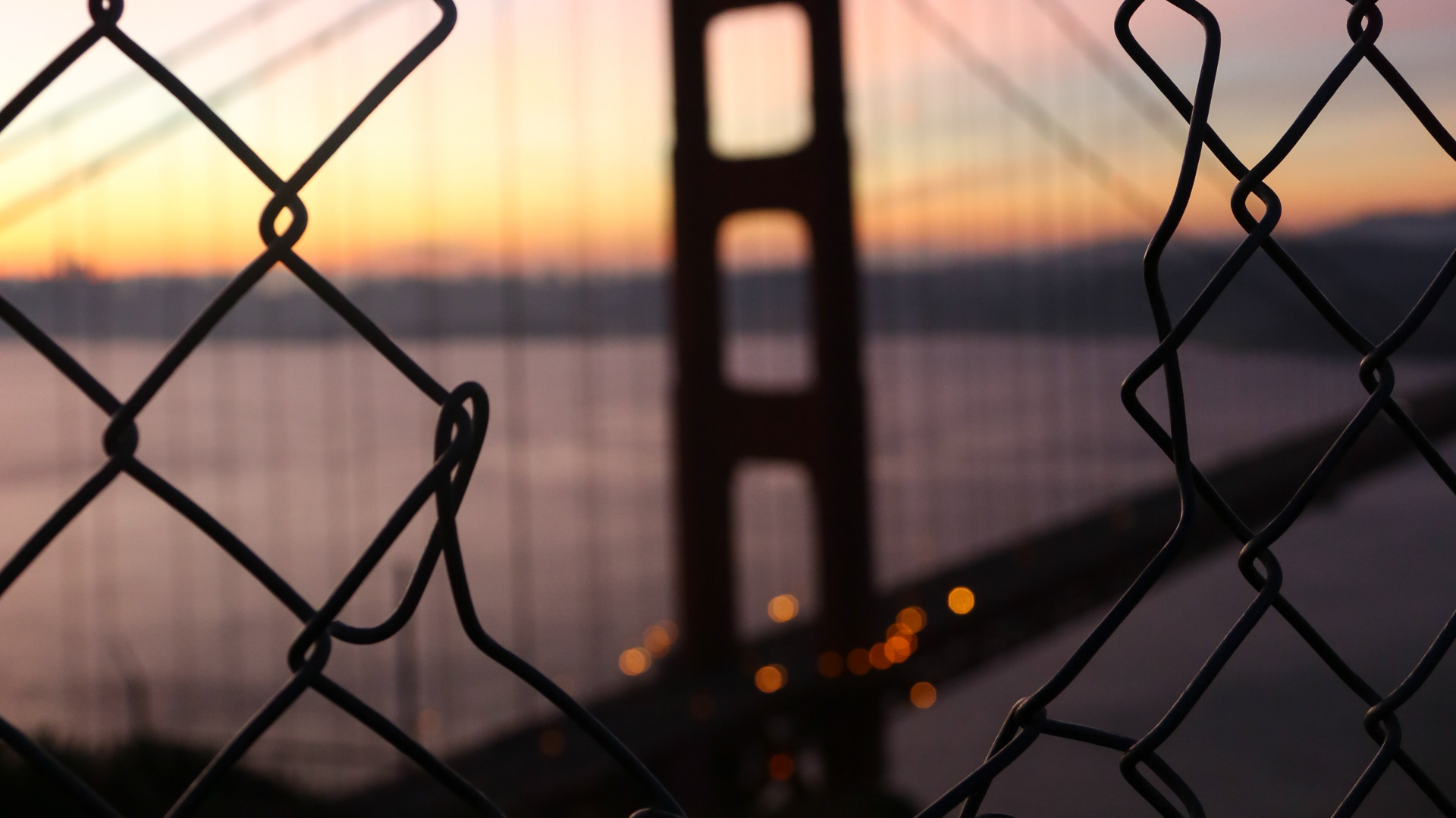 Обои мост Golden Gate, мост, забор, ограждать провода, закат в разрешении 1920x1080